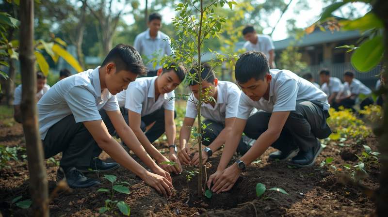 Siswa dan mahasiswa menanam pohon di halaman sekolah sebagai simbol gerakan sekolah dan kampus hijau.