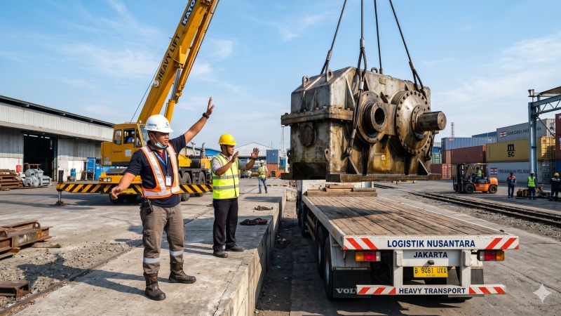 Proses pengangkutan mesin industri berat untuk kebutuhan produksi pabrik