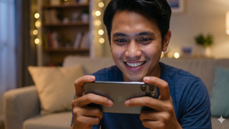 Pemuda sedang bermain game sambil mencari layanan top up ML murah.