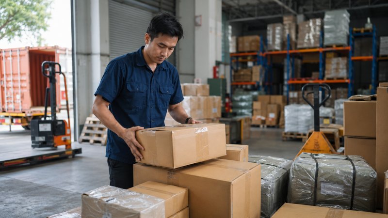 Petugas logistik memeriksa barang sebelum pengiriman cargo antarpulau.