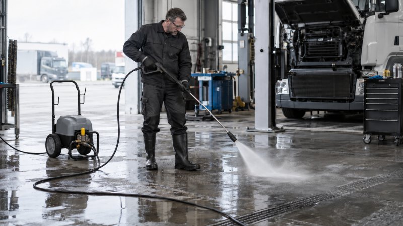 High pressure washer profesional digunakan untuk membersihkan area kerja.