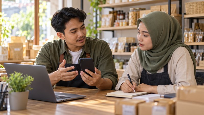 Pria memegang ponsel dan berdiskusi dengan wanita berhijab yang mencatat di meja ruang usaha.