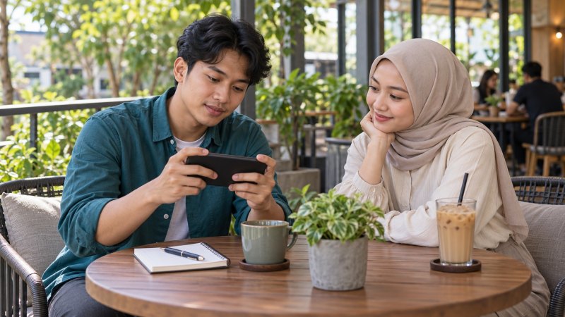 Ilustrasi dua teman meninjau ponsel di kafe untuk merencanakan top up Mobile Legends sebagai persiapan gift skin.