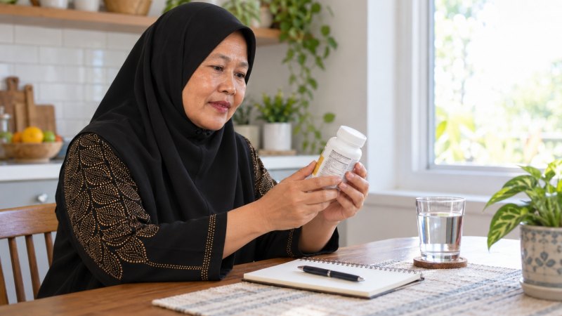 Ilustrasi perempuan berhijab hitam membaca label botol suplemen untuk memahami fungsi vitamin D dalam formula kalsium.