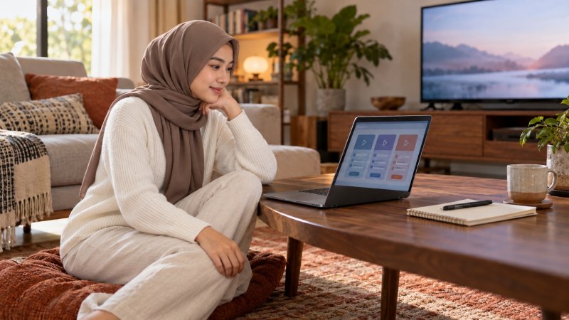 Perempuan berhijab meninjau pilihan langganan di laptop sebagai ilustrasi pengecekan harga Vidio Platinum.