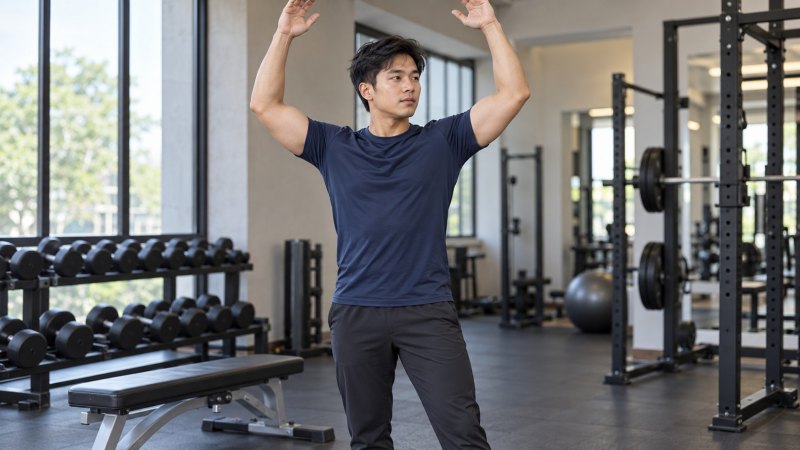 Ilustrasi pria mengangkat kedua lengan saat mencoba kaos body fit untuk gym.