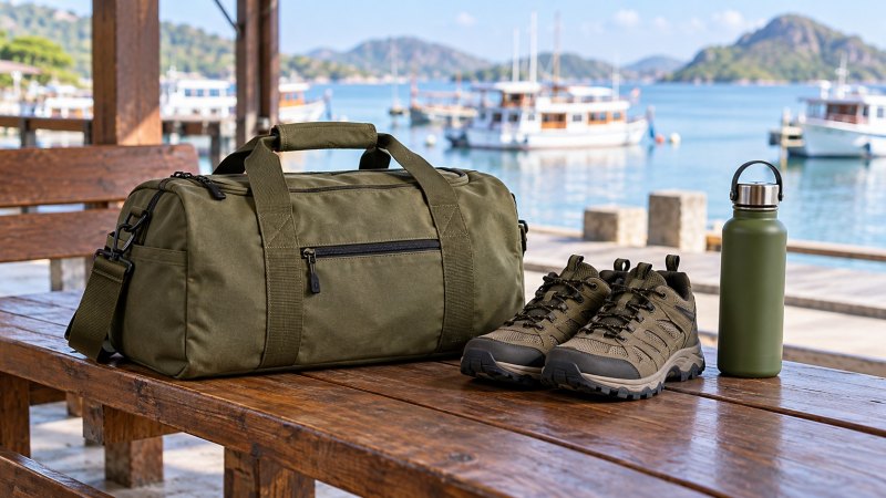 Tas perjalanan, sepatu tertutup, dan botol minum di bangku kayu berlatar kapal untuk panduan persiapan open trip Labuan Bajo.